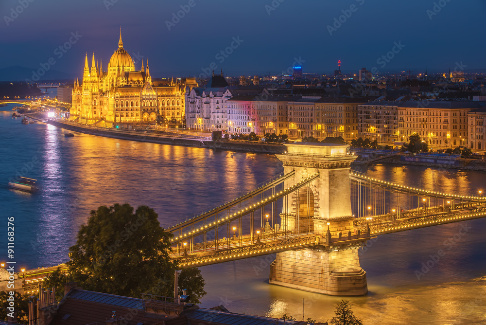 Aerial night view of Budapest, capital city of Hungary, from Buda site of city