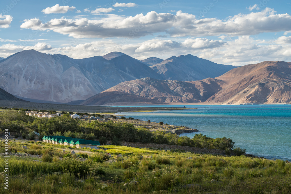 Beautiful green field view at Pangong lake with some tents for tourist and mountain range background