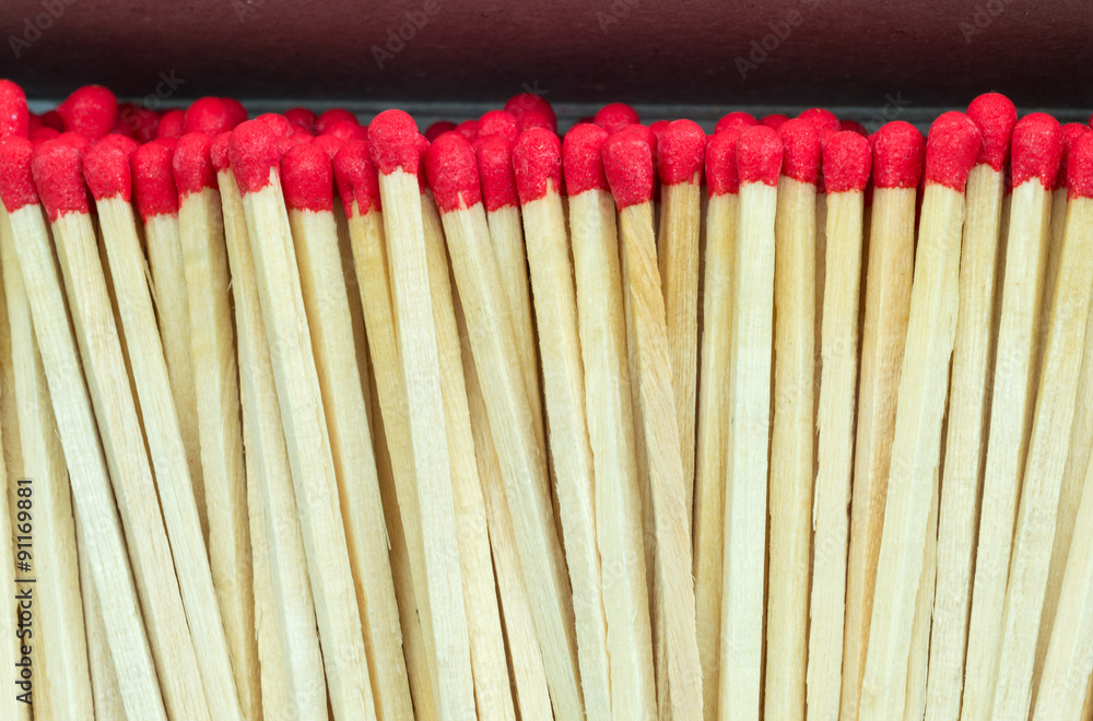 Macro close up of Red headed matches standing upright Macro close up of Red headed matches standing upright