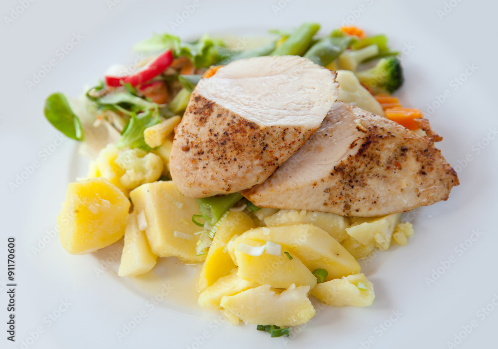Roasted chicken with boiled potato on white plate Roasted chicken with boiled potato on white plate