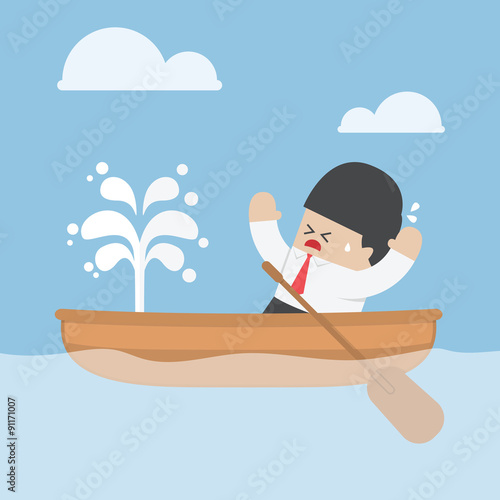 Panic businessman with leaking boat