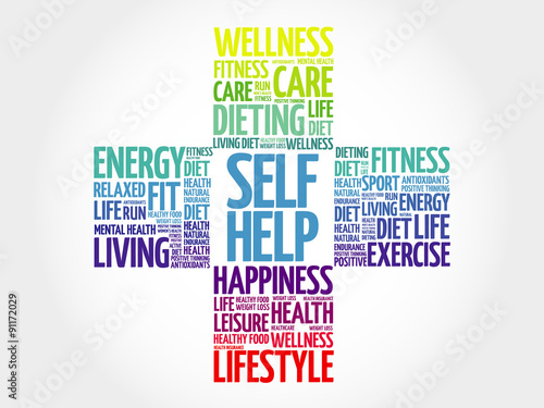 Self Help word cloud, health cross concept