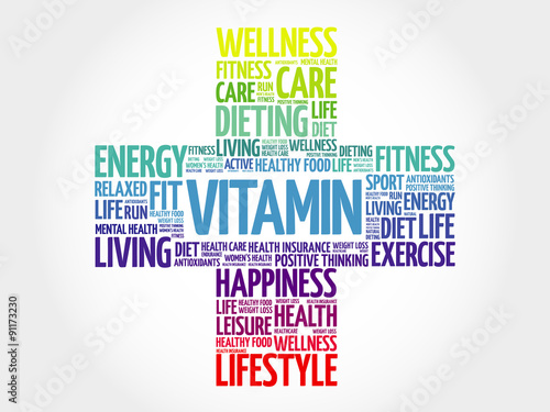 VITAMIN word cloud, health cross concept