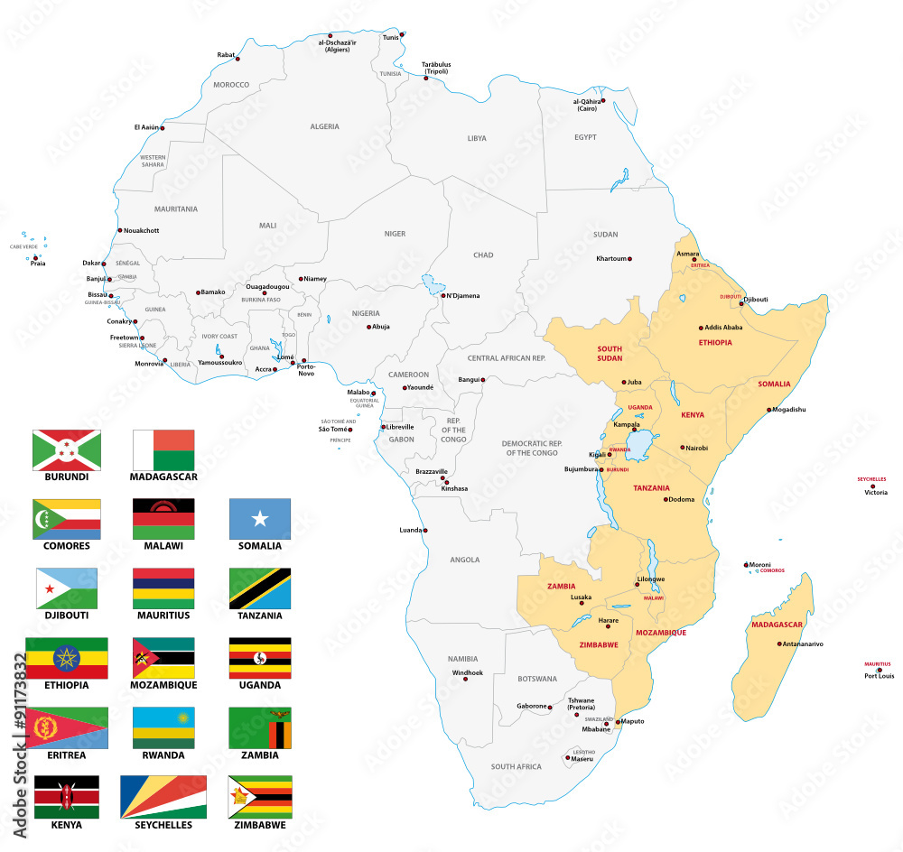 east africa map with flags