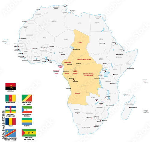 Central Africa map with flags