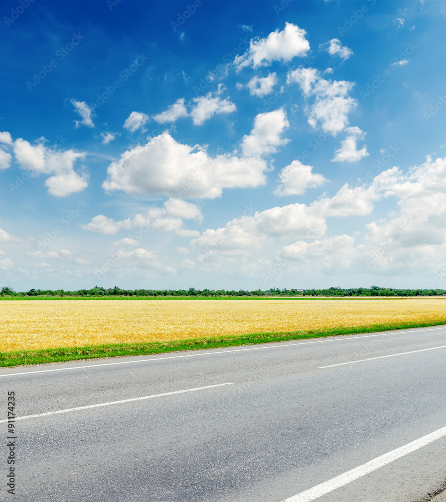 road, field and sky with clouds