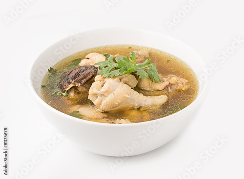 Traditional chicken broth on white background