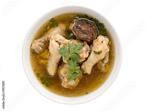 Traditional chicken broth on white background