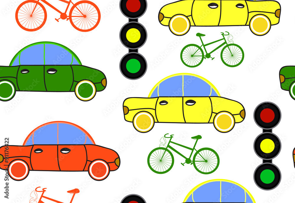 Transport vector seamless pattern with cars, traffic lights and bicycles, colored in green, yellow, red Transport vector seamless pattern with cars, traffic lights and bicycles, colored in green, yellow, red