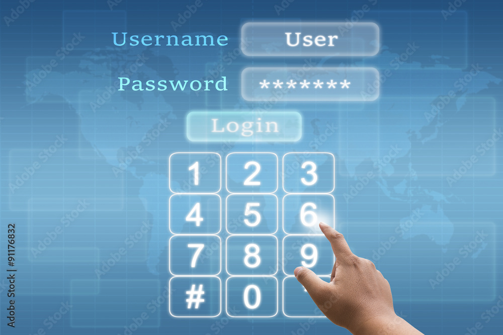hand pushing a button on touch screen interface login and password with futuristic security system hand pushing a button on touch screen interface login and password with futuristic security system