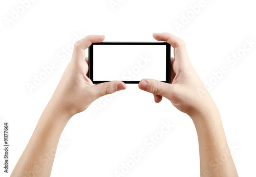 Two hands holding big screen smart phone, clipping path