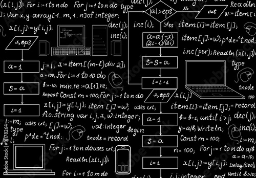 Programming technical seamless pattern with programming code, program flow diagrams, formulas, technical devices and schemes. Endless computer texture. You can use any color of background