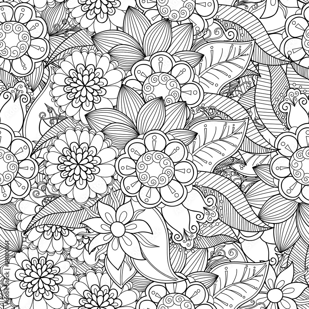 Doodle flowers and leaves seamless pattern. Zentangle hand-drawn herbal background
