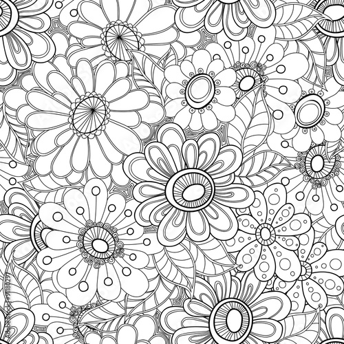 Doodle flowers and leaves seamless pattern. Zentangle hand-drawn herbal background