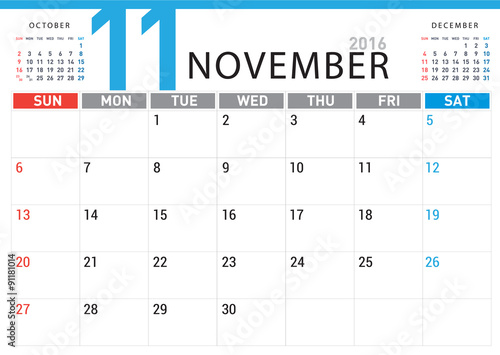 planning calendar simple template November 2016