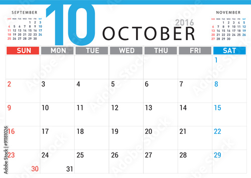 planning calendar simple template October 2016