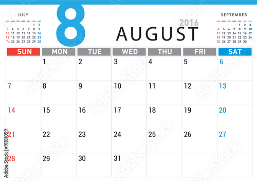 planning calendar simple template August 2016