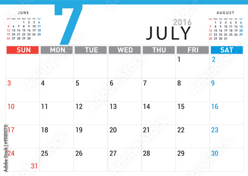 planning calendar simple template July 2016