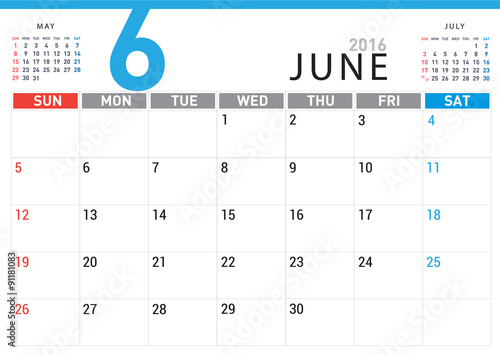 planning calendar simple template June 2016