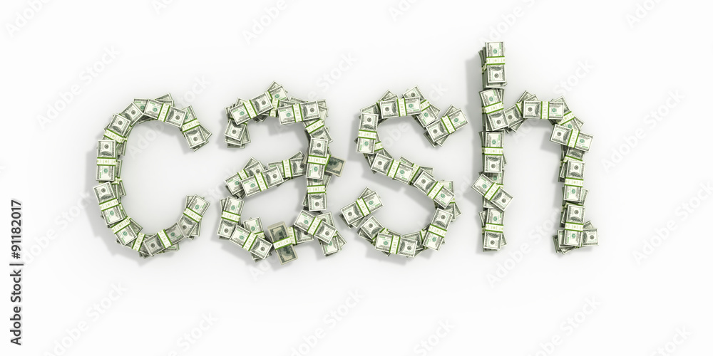 The word 'cash', made out of 100$ bills. Isolated on white backg