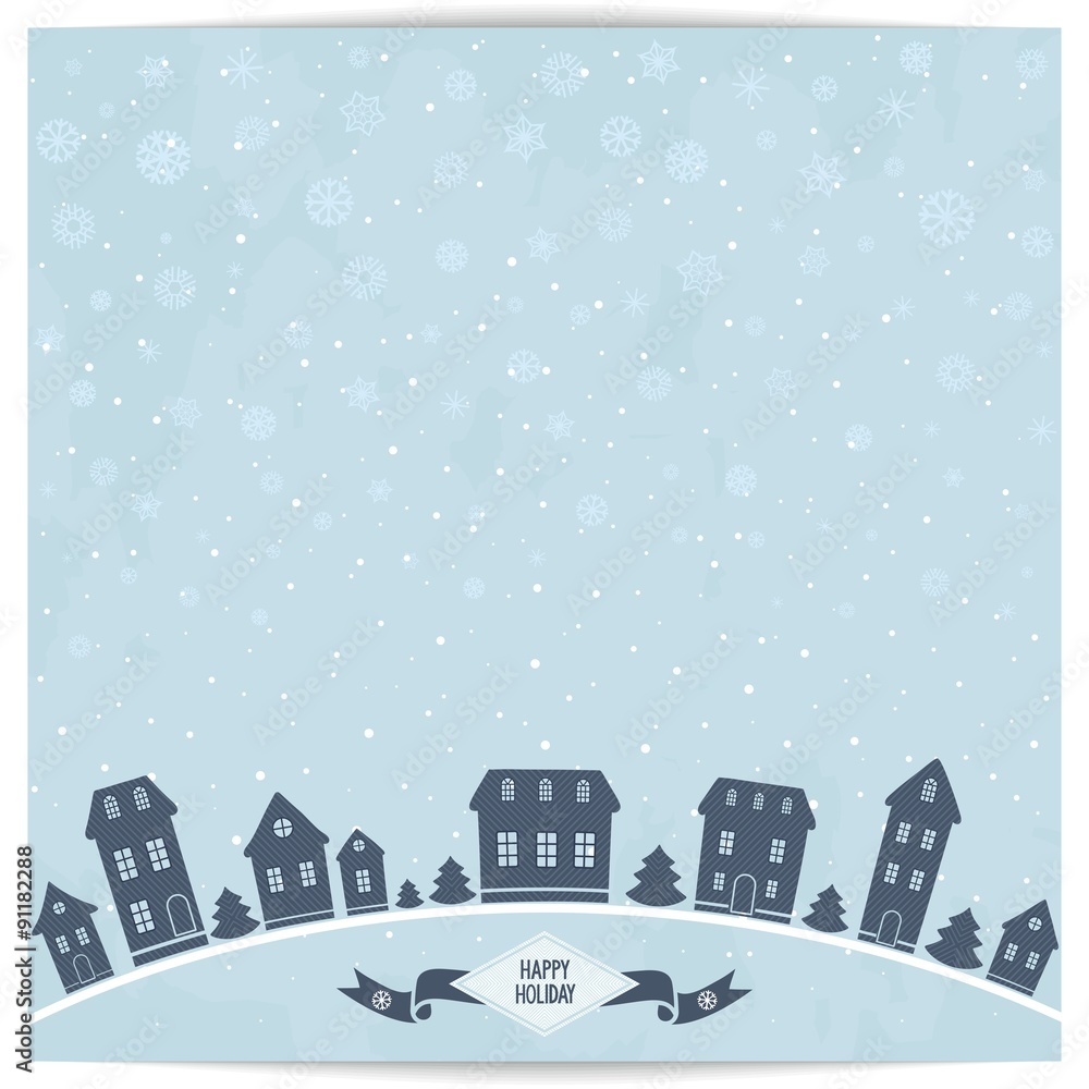 Abstract christmas card with blue winter town on light sky grunge background