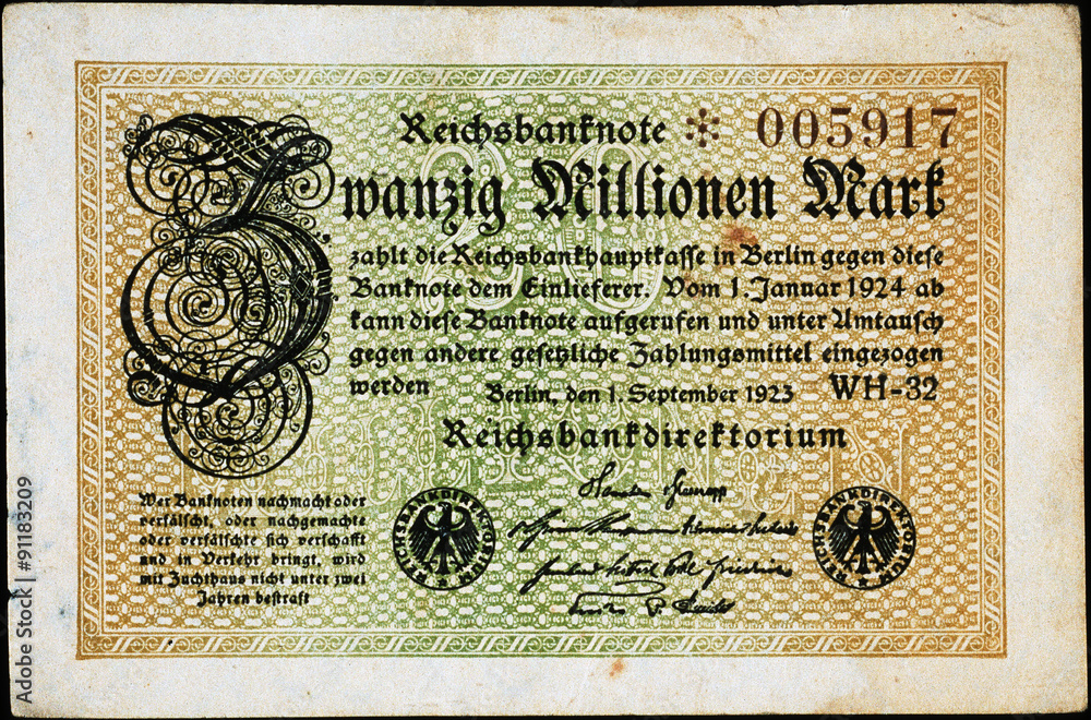 Historische Banknote, 1. September 1923, Zwanzig Millionen Mark, Deutschland