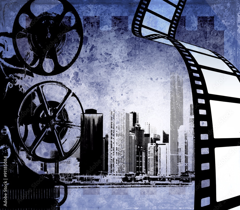 Fototapeta premium Vintage film strip background with old projector and city skyline
