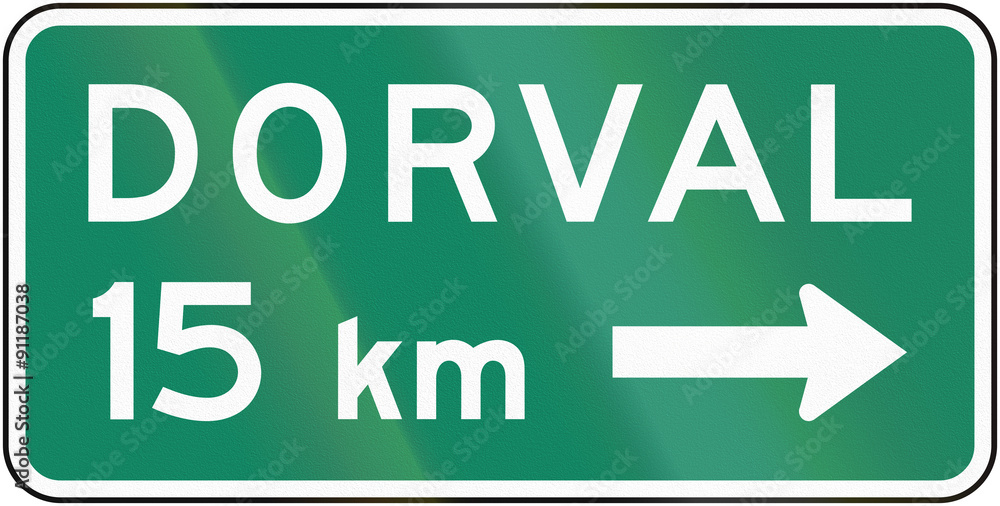 Naklejka premium Guide and information road sign in Quebec, Canada - Direction sign to dorval