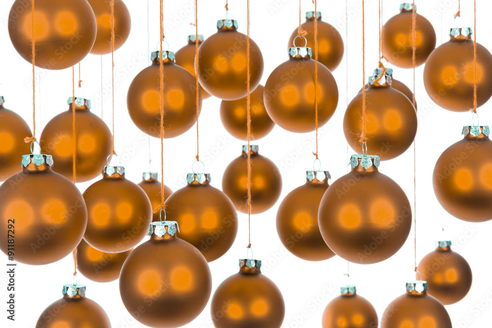 Background of Christmas balls over white with selective focus Background of Christmas balls over white with selective focus