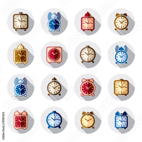 Simple alarm clocks with clock bell, decorative wake up icons co