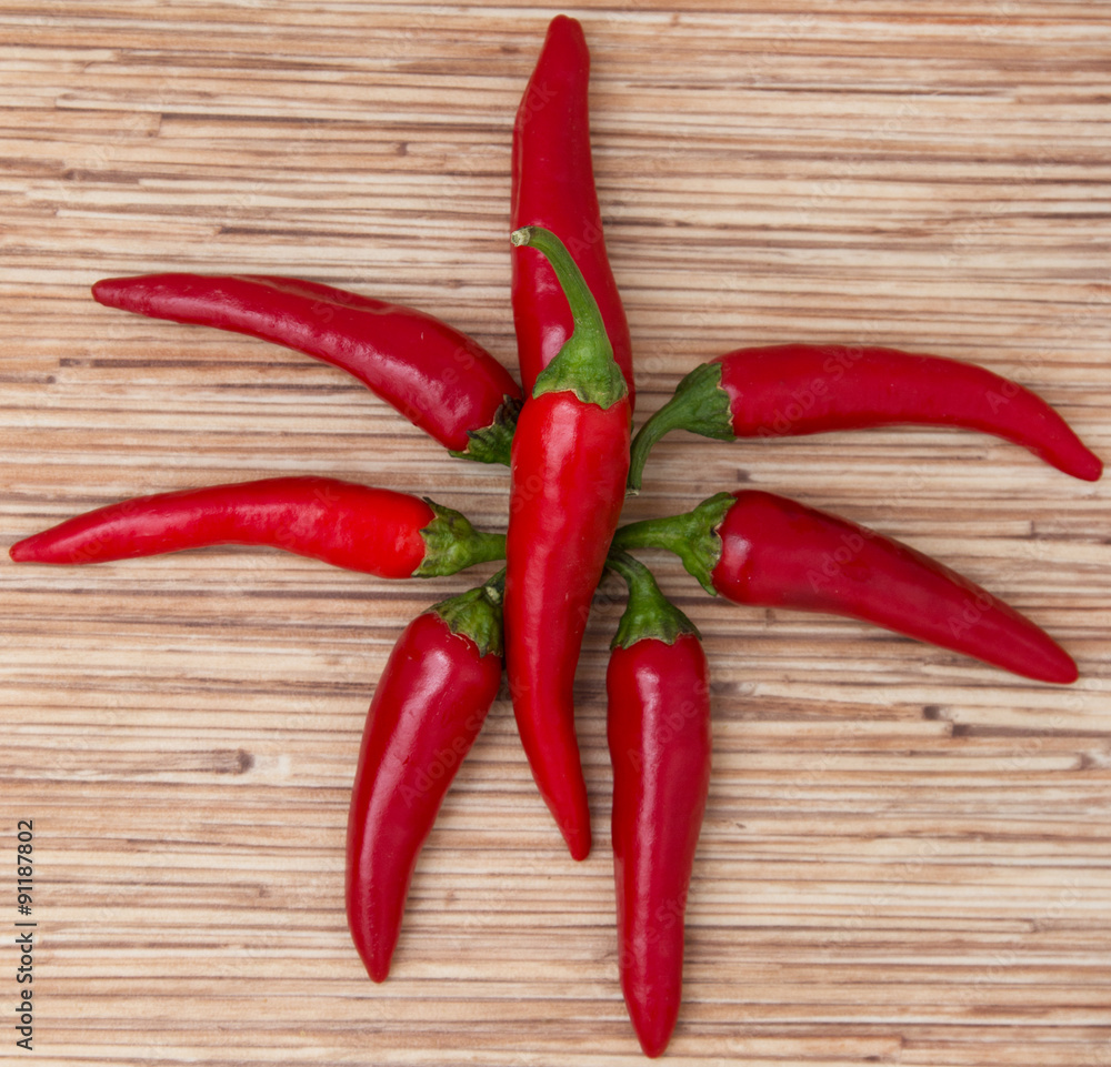 red hot peppers on wooden background