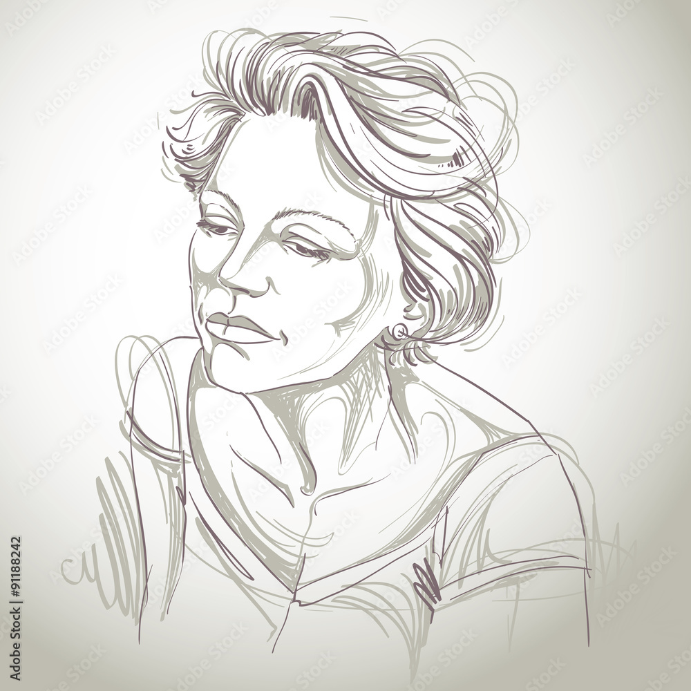 Artistic hand-drawn image, black and white portrait of delicate Artistic hand-drawn image, black and white portrait of delicate