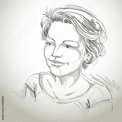 Hand-drawn vector illustration of beautiful romantic woman. Mono