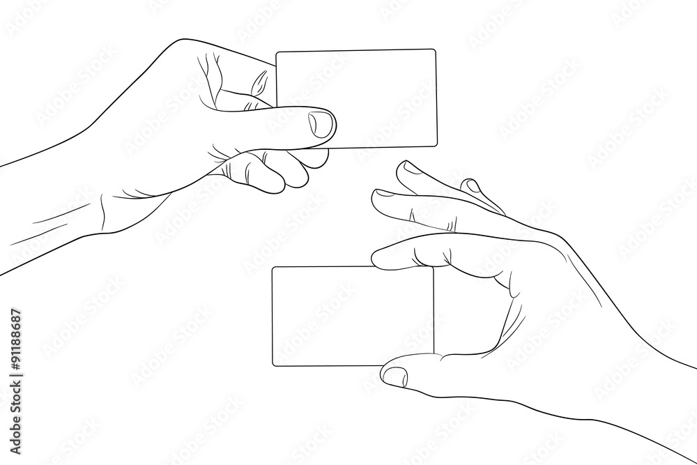Man hands holding a blank cards outline contour Man hands holding a blank cards outline contour