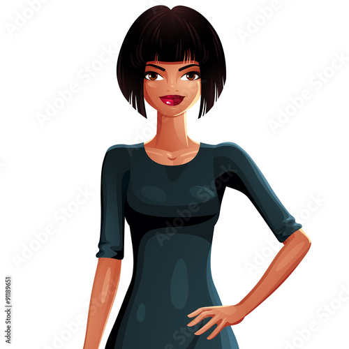 Beautiful tanned woman, upper body portrait. Colorful drawing of