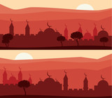 Horizontal abstract banners of arab city with palm trees at sunset.