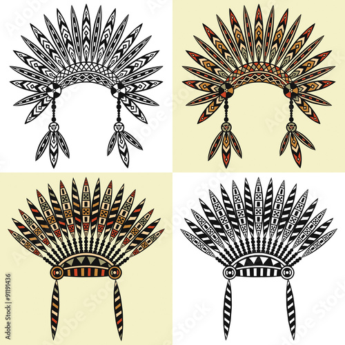 set of four native americans head dress with ethnic decoration