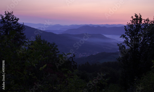 Blue Hills in Morning Sunrise Framed by Trees