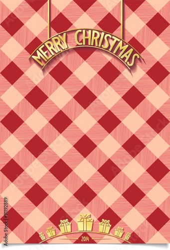 Festive template on background of cell with detailed gold plate Merry Christmas and boxes of gifts