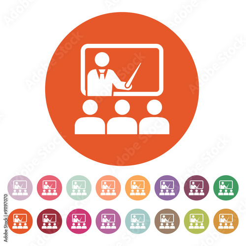 The training icon. Teacher and learner, classroom, presentation, conference, lesson, seminar, education symbol. Flat