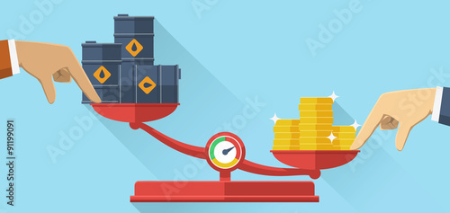 Oil crisis. Scales with oil barrels and gold coins, Oil crisis flat design.