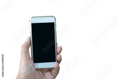 Hand holding smart phone isolated over white