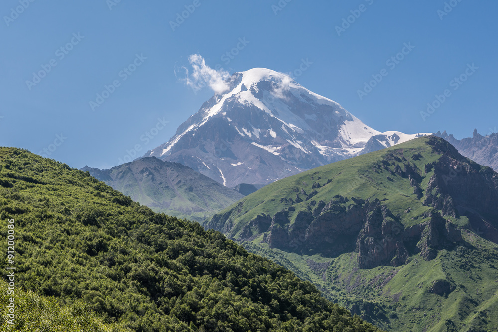 Aerial view in Greater Caucasus Mountains with Mount Kazbek, Georgia