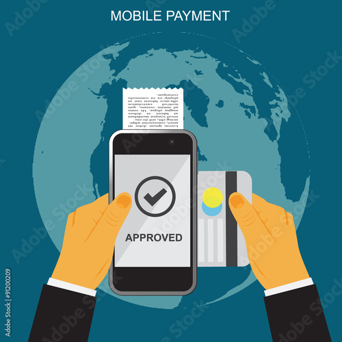 Mobile payment, hands holding smartphone and credit card, online banking, vector illustration in flat design for web sites, Infographic design