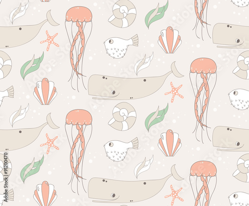 Seamless pattern with underwater scene, fish, whale, jelly fish