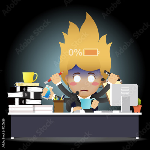 tired business woman with many arms working on computer