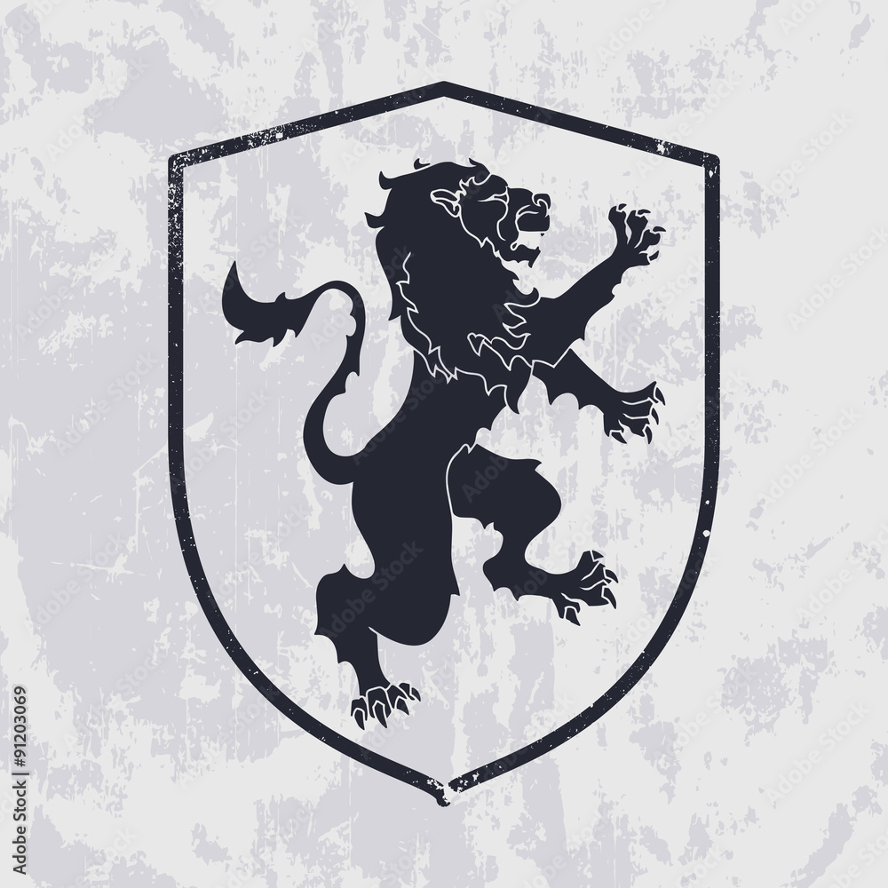 Naklejka premium Lion in shield on grunge background - heraldic style