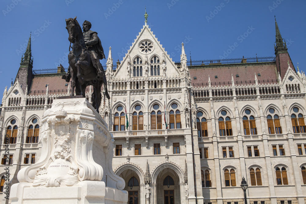 Count Gyula Andrassy Statue and the Hungarian Parliament