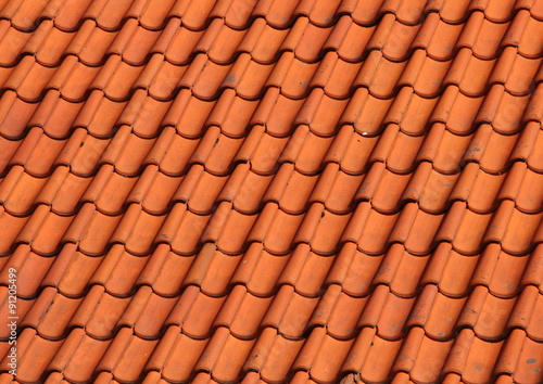 Red Clay Tile Roof on Old Farm House Background