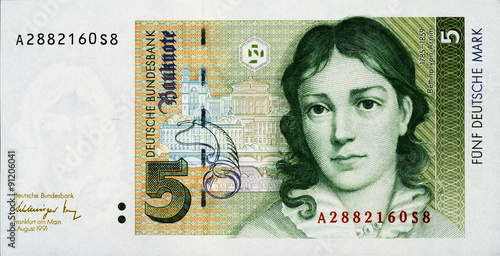 Historische Banknote, 1. August 1991, 5 Mark, Fünf Deutsche Mark, Deutschland